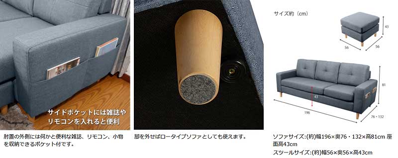 ソファー 3人掛け 足を伸ばしてくつろげるカウチソファ 3人掛け+スツール ファブリック グレーブルー S-1802