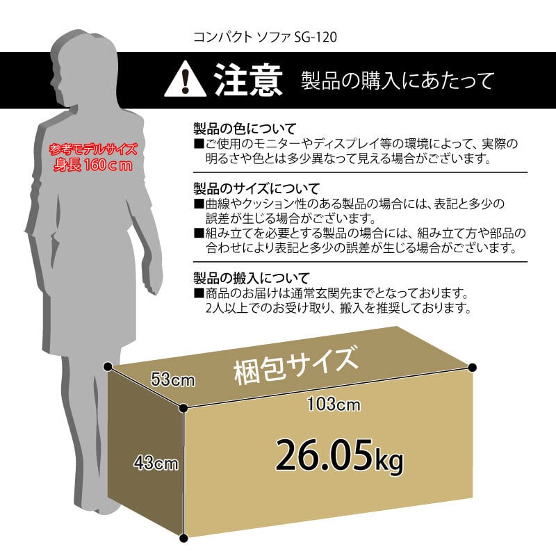 コンパクト ソファ 2人掛け グレー 幅123cm シンプル 省スペース 肘付き ファブリック 簡単組み立て 北欧スタイル SG-120
