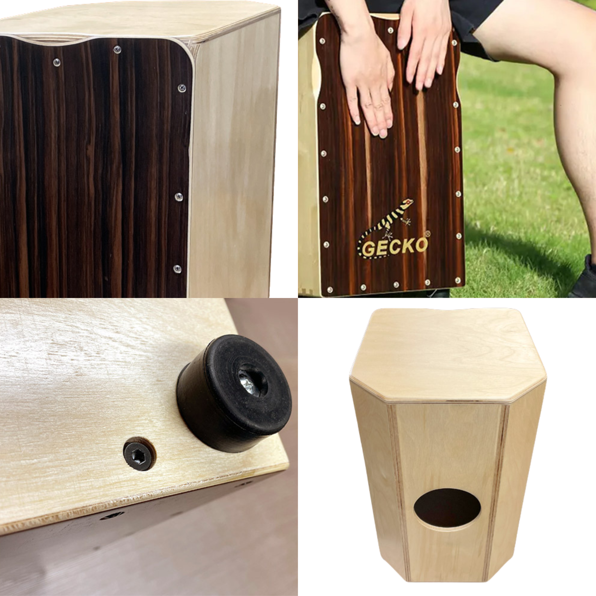 GECKO カホン Cajon ハイエンドモデル 打楽器 木製 エボニー バーチウッド  パーカション ボックスドラム 専用ケース付き 内部ギター弦 ストリング 33*30*50cm  CL97