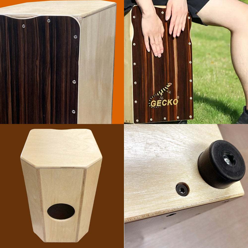 GECKO カホン Cajon ハイエンドモデル 打楽器 木製 エボニー バーチウッド  パーカション ボックスドラム 専用ケース付き 内部ギター弦 ストリング 33*30*50cm  CL97